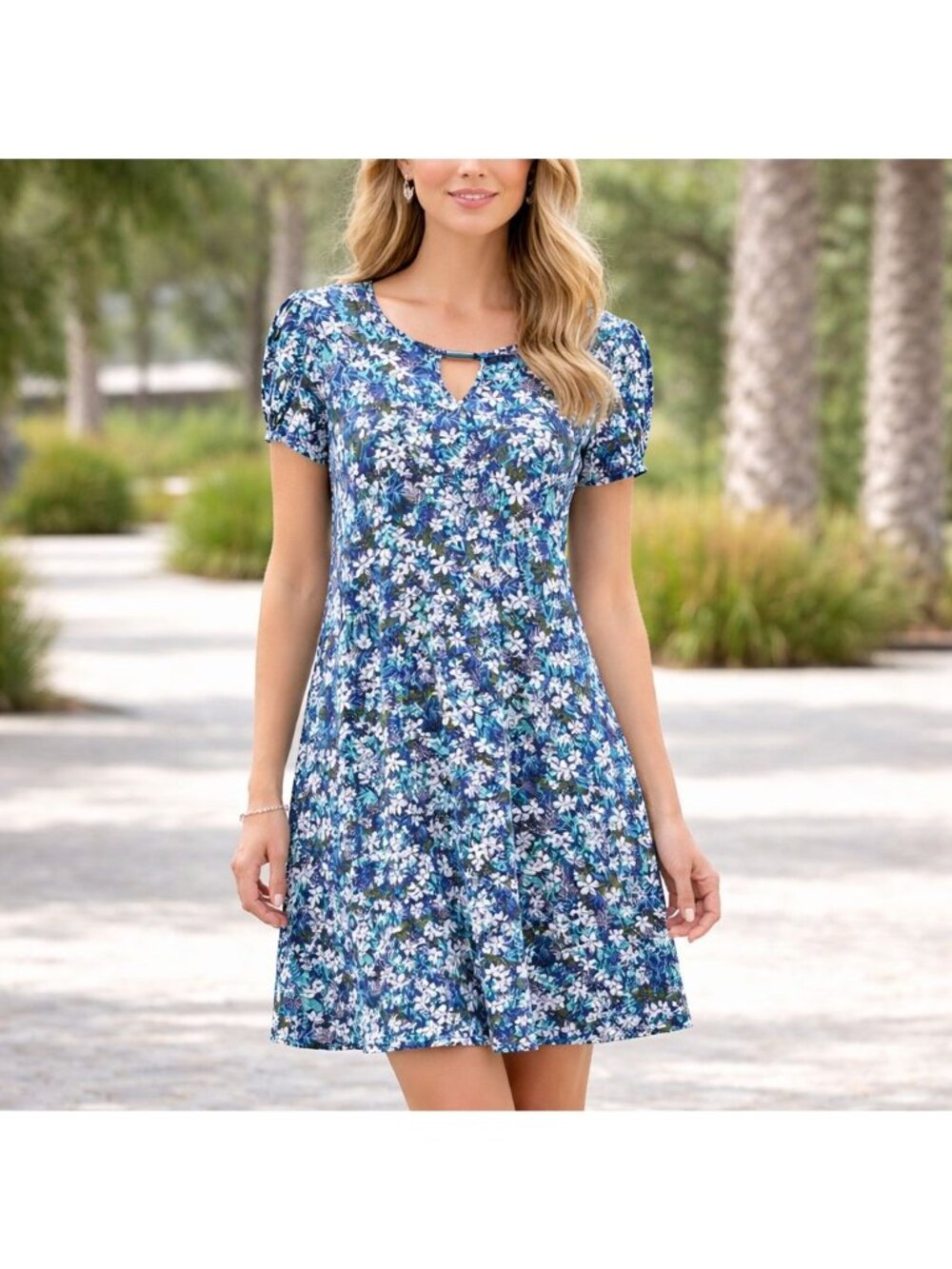 Dress Floral Short-Sleeve Pullover With Keyhole Neckline Blue/Green Womens XL Ca